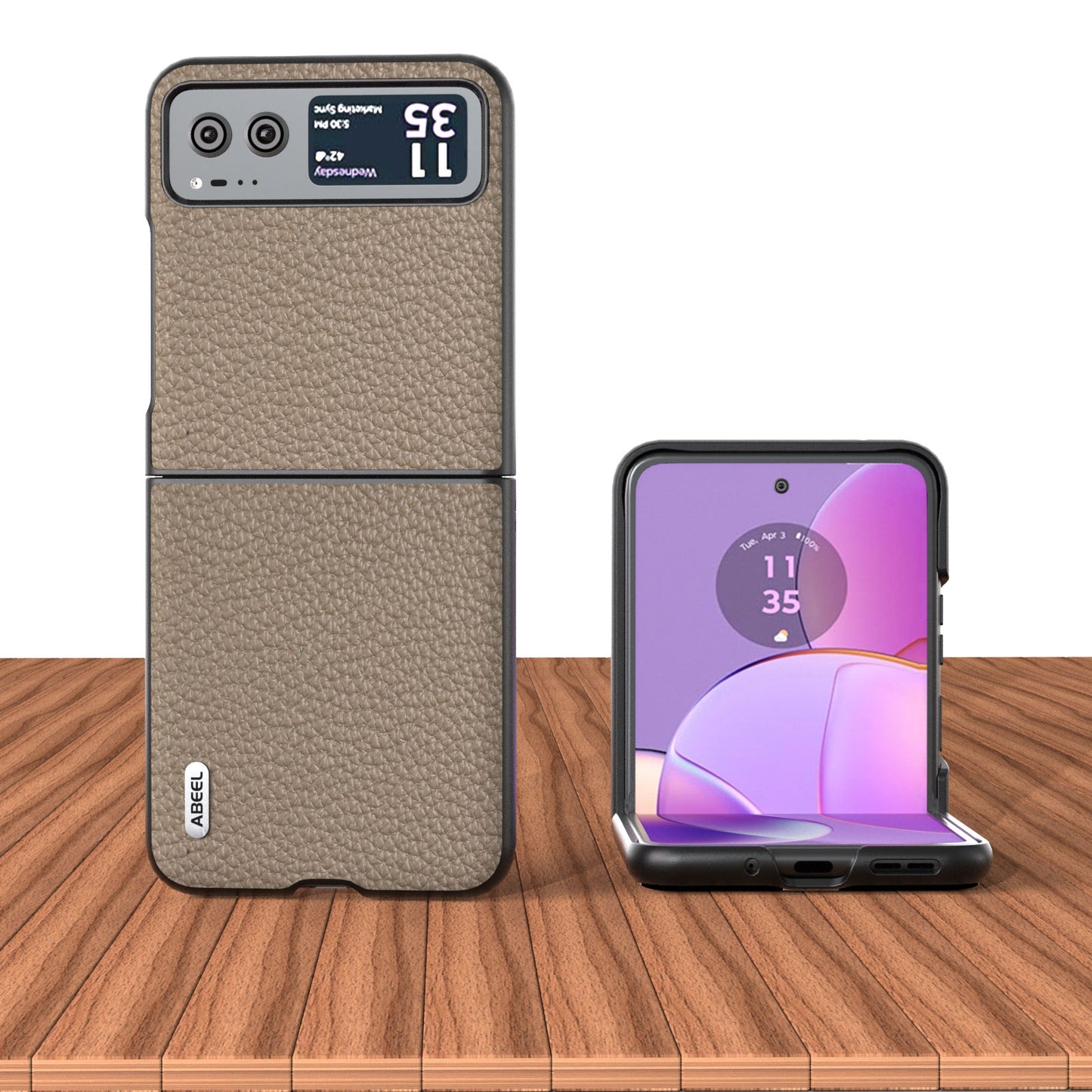 Uniqkart For Motorola Razr 40 5G Anti-scratch Phone Case Litchi Texture Cowhide Leather Coated PC Cover - Khaki