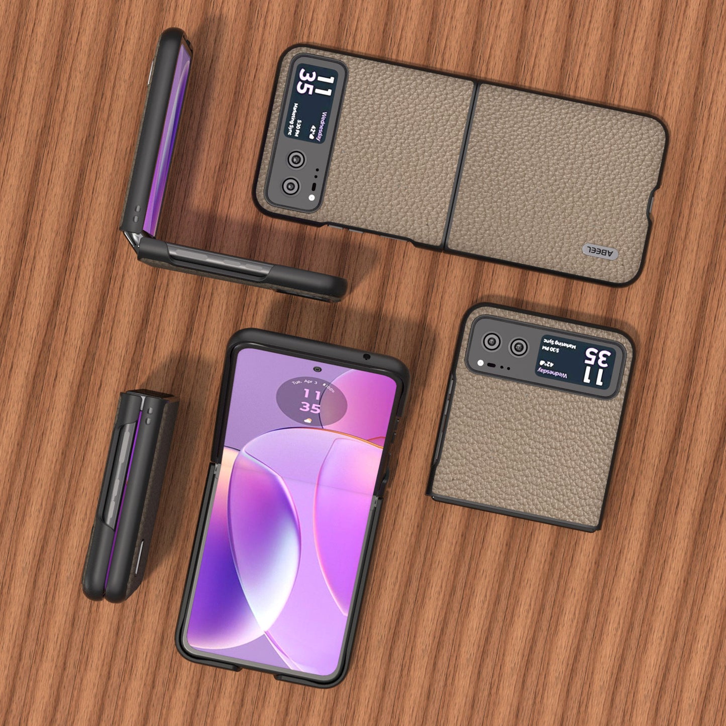 Uniqkart For Motorola Razr 40 5G Anti-scratch Phone Case Litchi Texture Cowhide Leather Coated PC Cover - Khaki