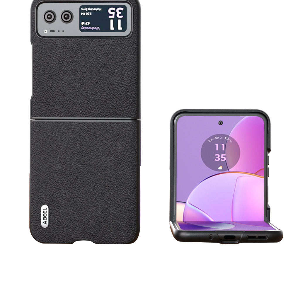 Uniqkart For Motorola Razr 40 5G Cowhide Leather Coated PC Case Litchi Texture Phone Cover - Black