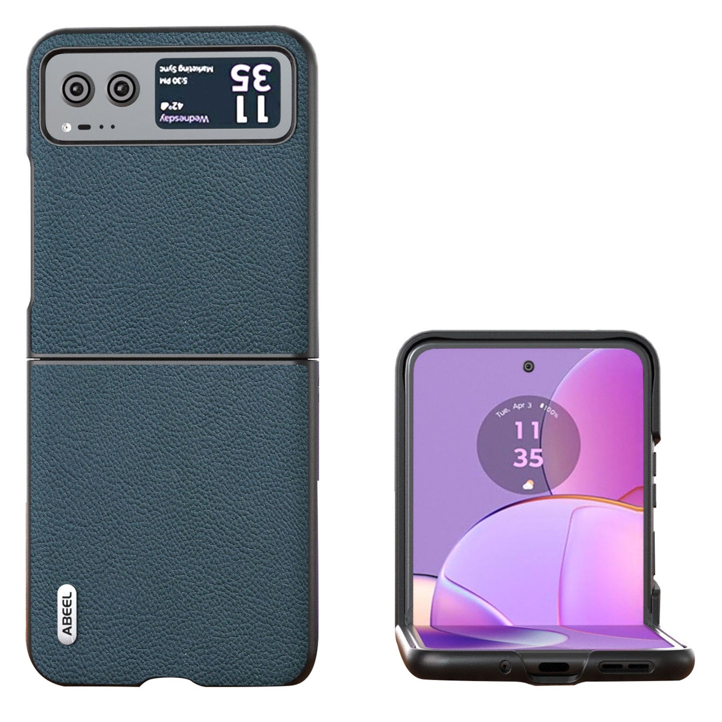 Uniqkart For Motorola Razr 40 5G Cowhide Leather Coated PC Case Litchi Texture Phone Cover - Green