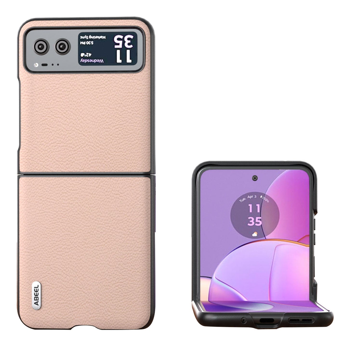 Uniqkart For Motorola Razr 40 5G Cowhide Leather Coated PC Case Litchi Texture Phone Cover - Pink
