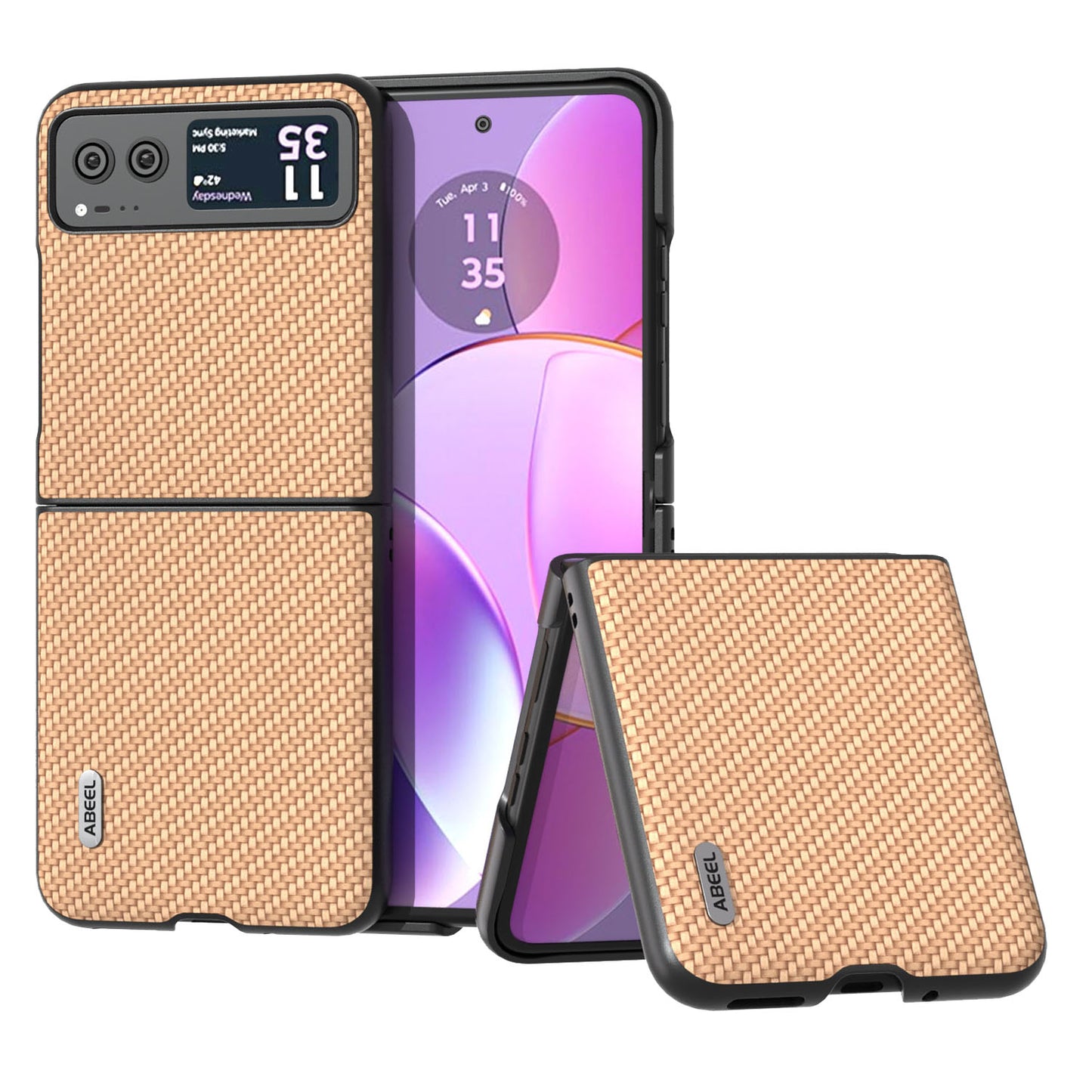 Uniqkart Phone Case for Motorola Razr 40 5G Carbon Fiber Texture PU Leather Coated PC Cover - Light Yellow