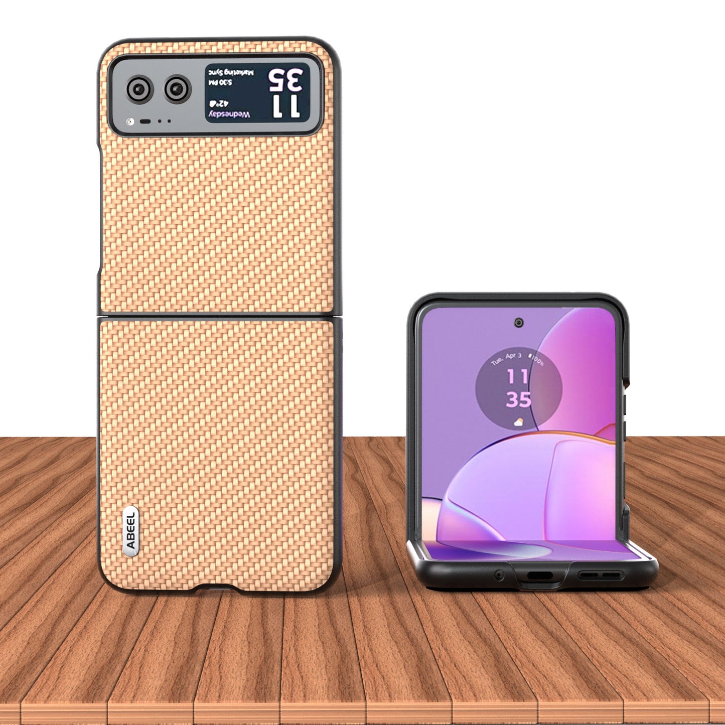 Uniqkart Phone Case for Motorola Razr 40 5G Carbon Fiber Texture PU Leather Coated PC Cover - Light Yellow