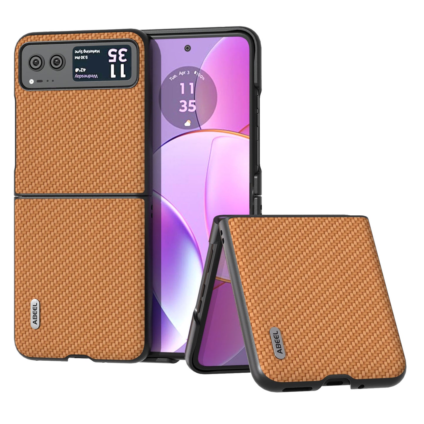Uniqkart Phone Case for Motorola Razr 40 5G Carbon Fiber Texture PU Leather Coated PC Cover - Light Brown