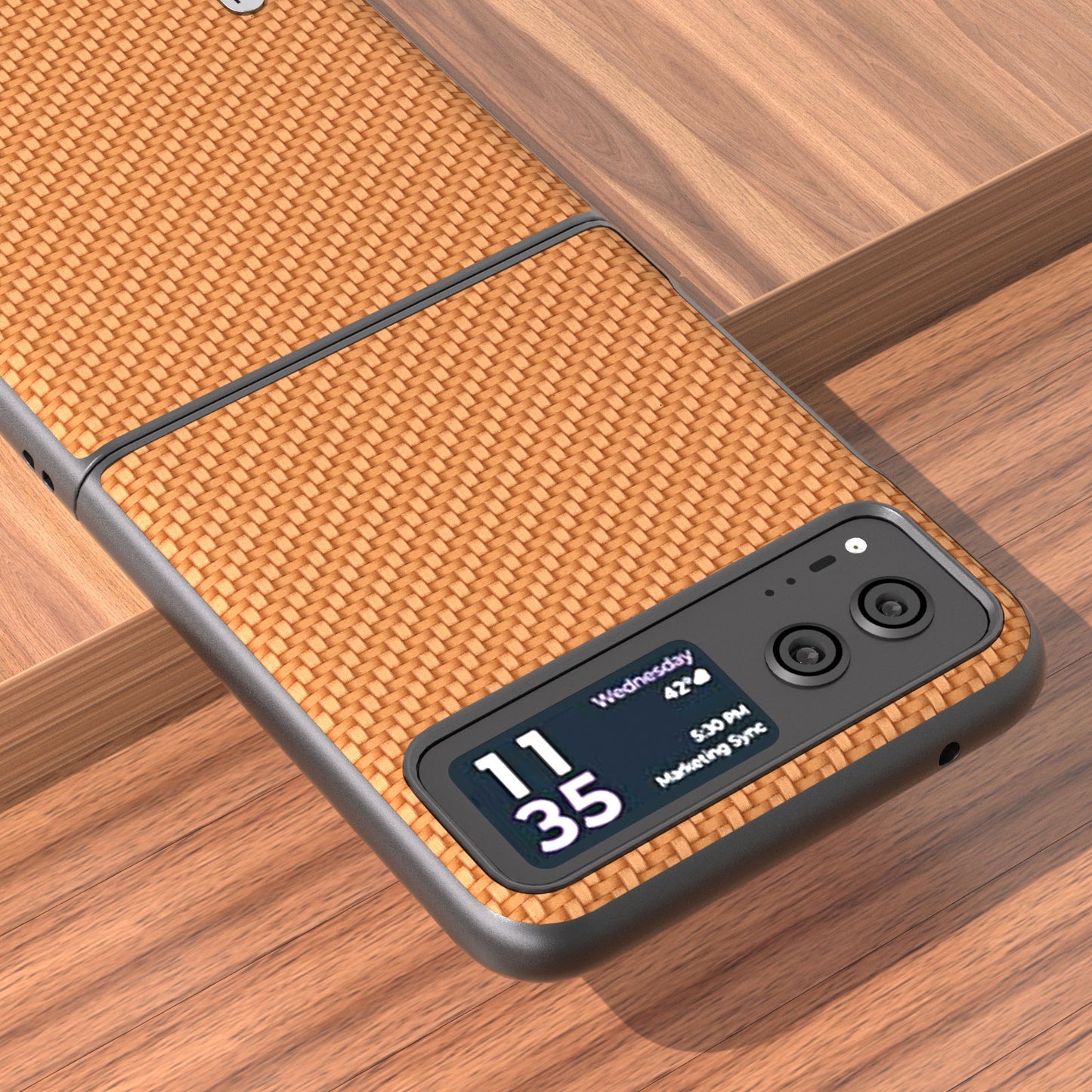 Uniqkart Phone Case for Motorola Razr 40 5G Carbon Fiber Texture PU Leather Coated PC Cover - Light Brown