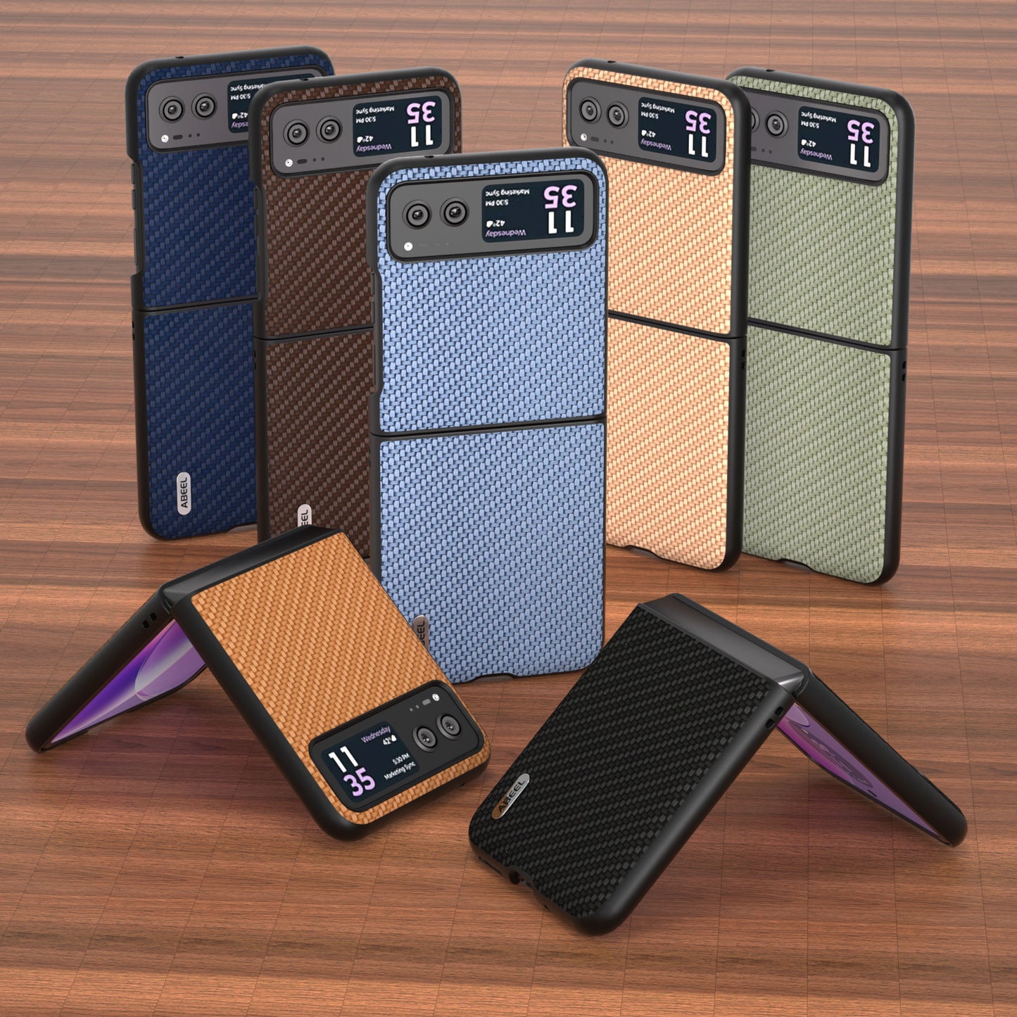 Uniqkart Phone Case for Motorola Razr 40 5G Carbon Fiber Texture PU Leather Coated PC Cover - Light Brown