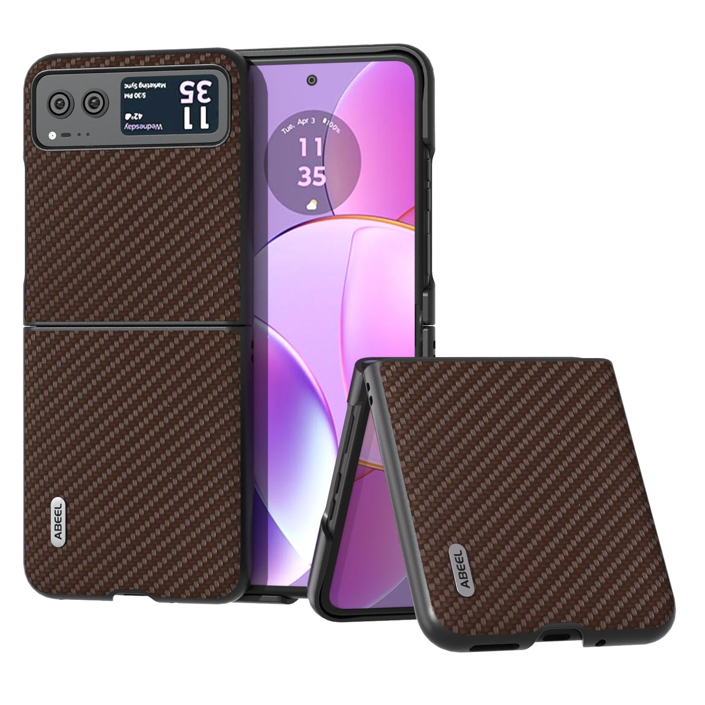 Uniqkart Phone Case for Motorola Razr 40 5G Carbon Fiber Texture PU Leather Coated PC Cover - Brown