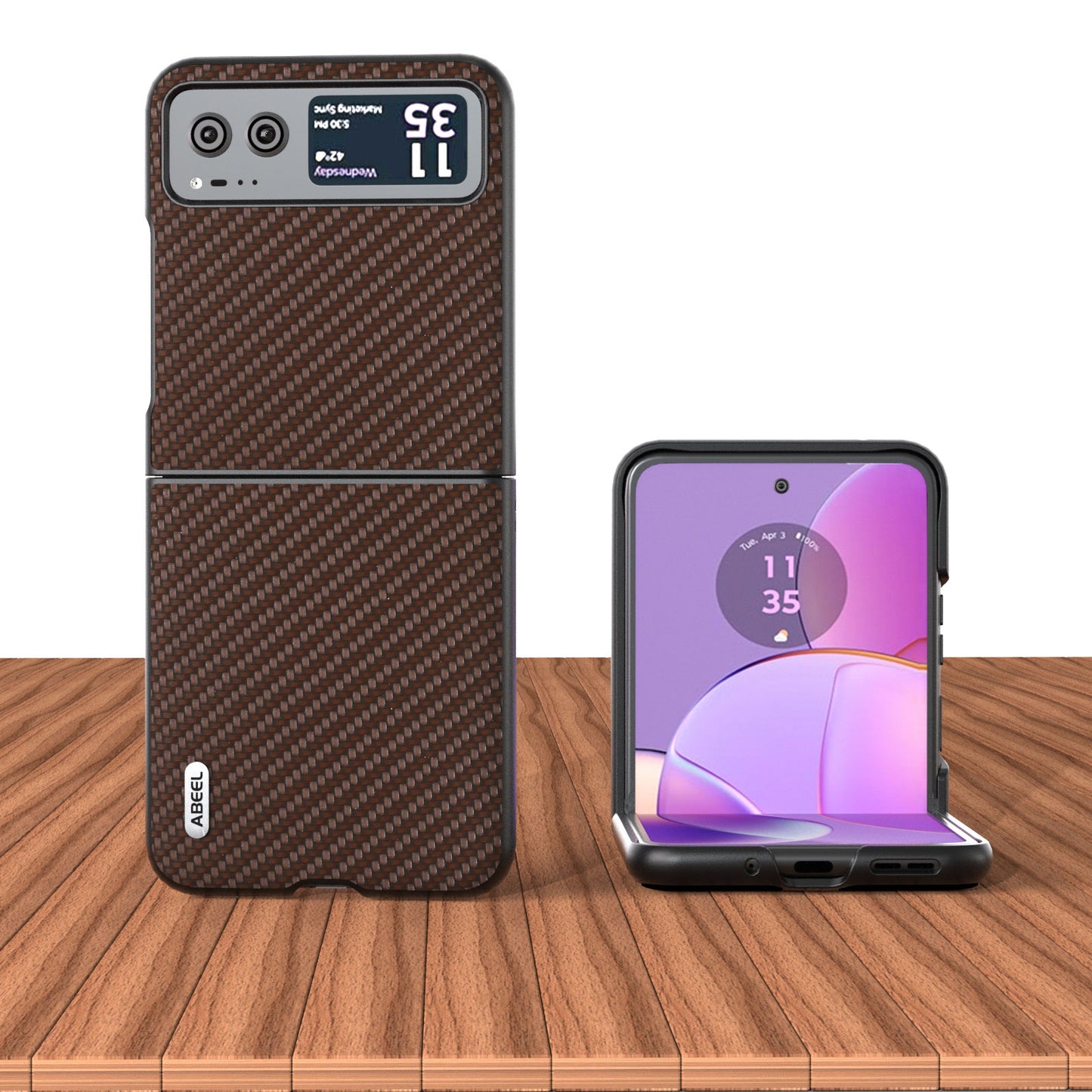 Uniqkart Phone Case for Motorola Razr 40 5G Carbon Fiber Texture PU Leather Coated PC Cover - Brown