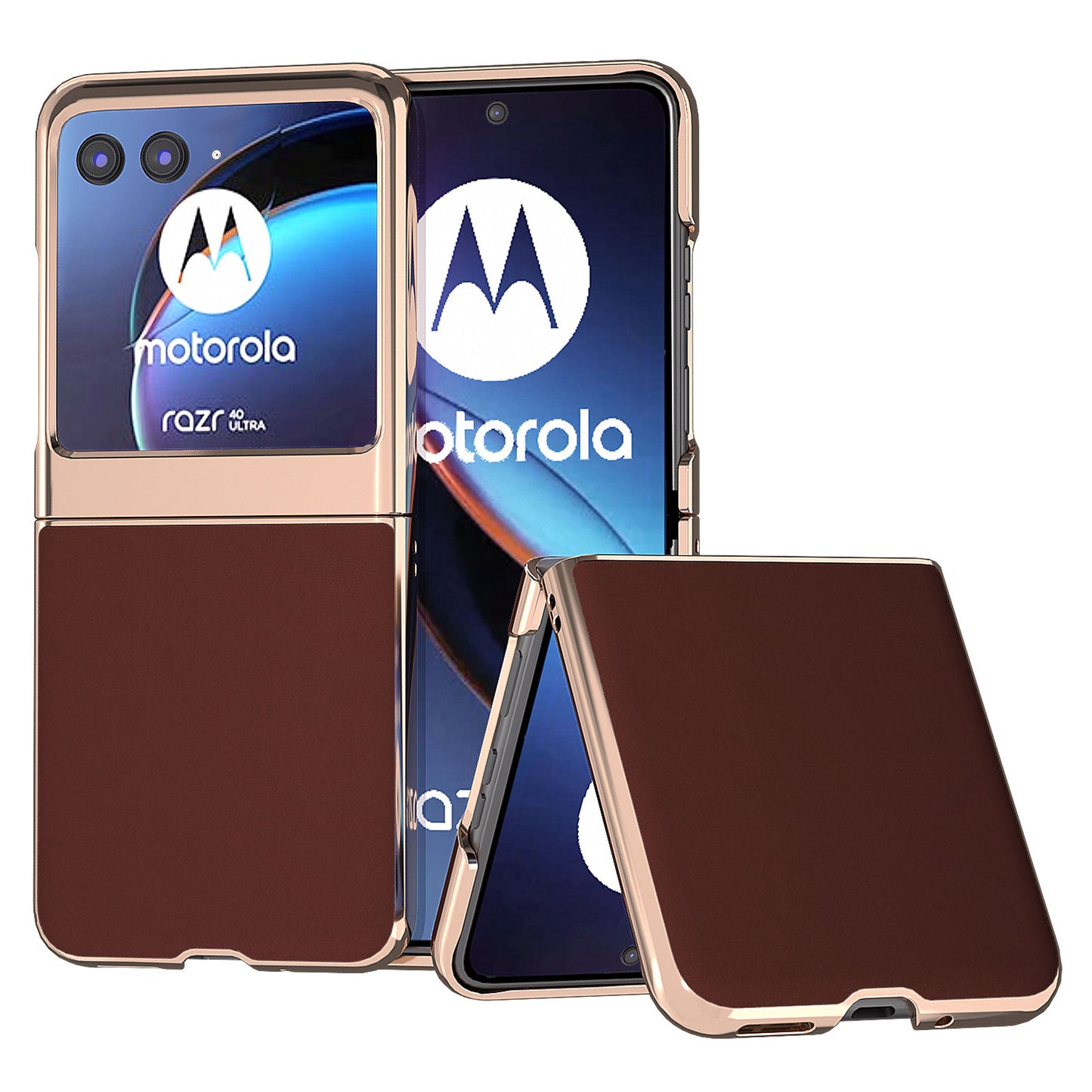 Uniqkart for Motorola Razr 40 Ultra 5G Nano Electroplating Phone Case Genuine Cow Leather + PC Silky Feeling Cover - Coffee
