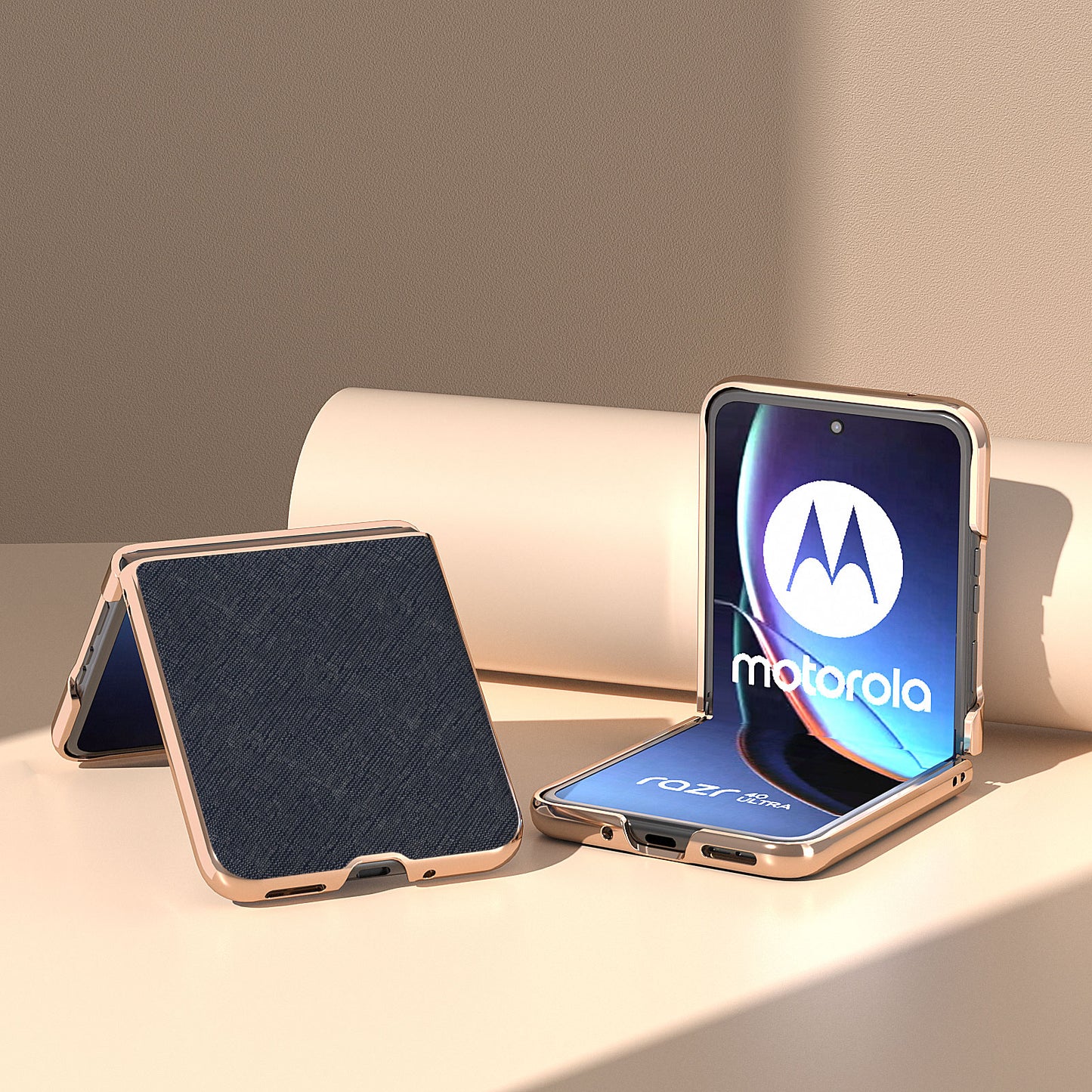 for Motorola Razr 40 Ultra 5G Genuine Cow Leather + PC Protective Cover Nano Electroplating Phone Case - Blue