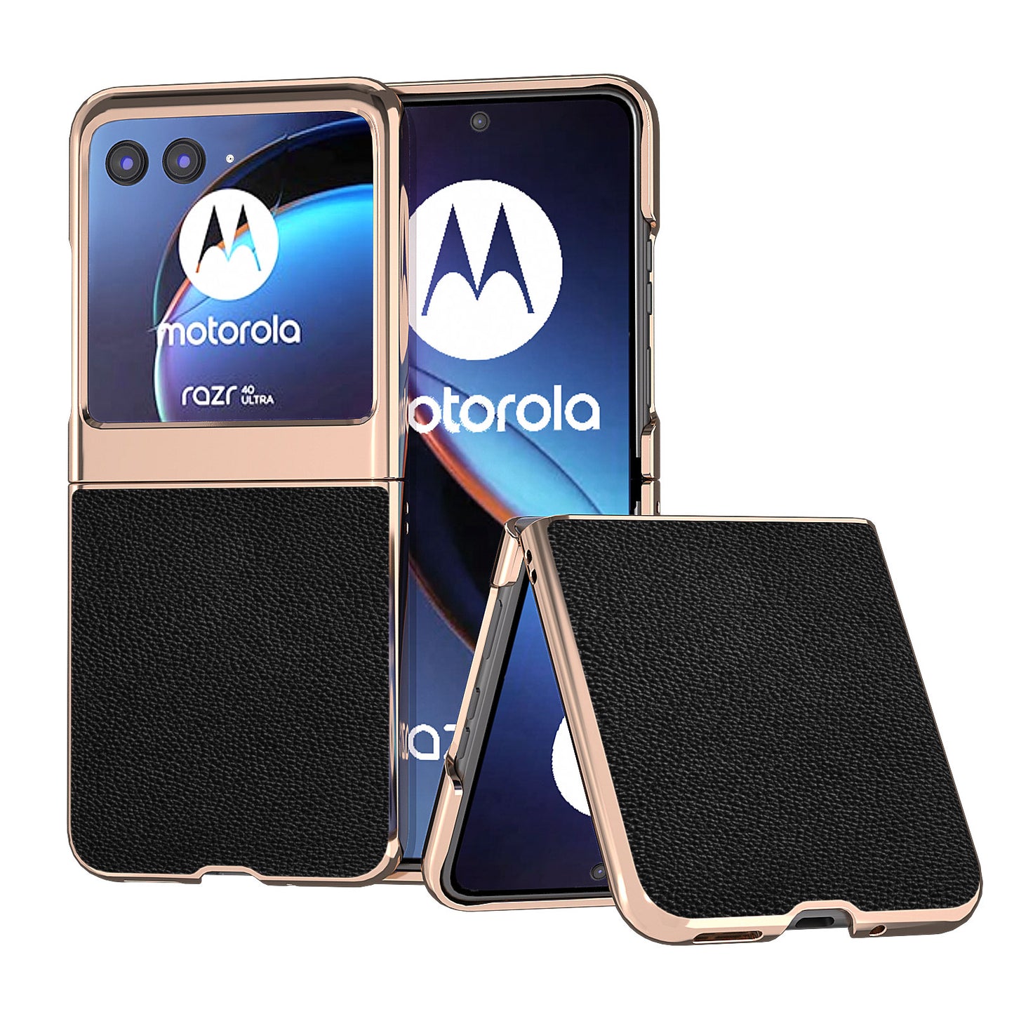 Uniqkart for Motorola Razr 40 Ultra 5G Litchi Texture Back Cover Genuine Cow Leather + PC Nano Electroplating Phone Case - Black