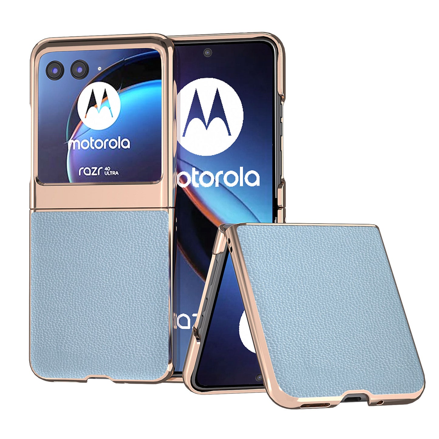 Uniqkart for Motorola Razr 40 Ultra 5G Litchi Texture Back Cover Genuine Cow Leather + PC Nano Electroplating Phone Case - Baby Blue
