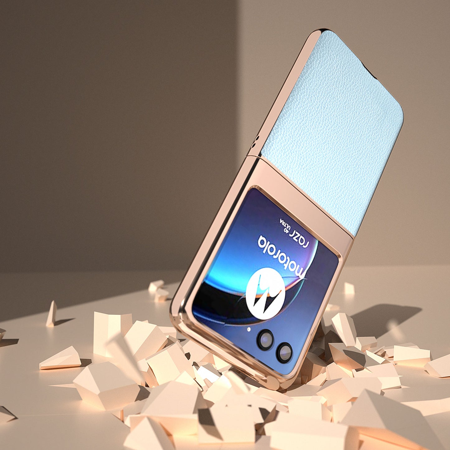 Uniqkart for Motorola Razr 40 Ultra 5G Litchi Texture Back Cover Genuine Cow Leather + PC Nano Electroplating Phone Case - Baby Blue