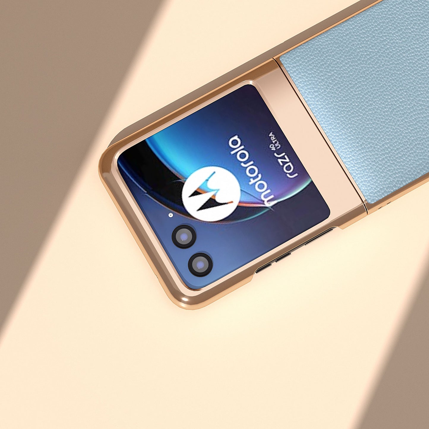 Uniqkart for Motorola Razr 40 Ultra 5G Litchi Texture Back Cover Genuine Cow Leather + PC Nano Electroplating Phone Case - Baby Blue