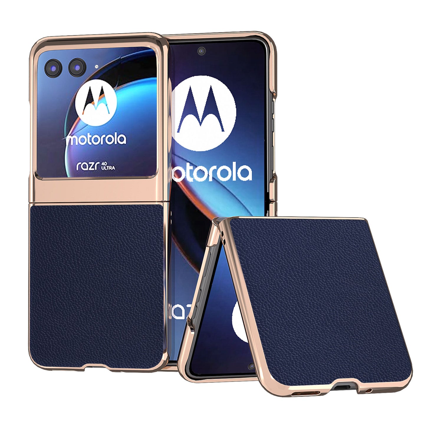 Uniqkart for Motorola Razr 40 Ultra 5G Litchi Texture Back Cover Genuine Cow Leather + PC Nano Electroplating Phone Case - Sapphire