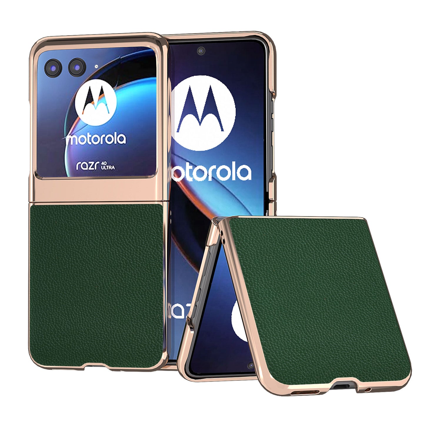 Uniqkart for Motorola Razr 40 Ultra 5G Litchi Texture Back Cover Genuine Cow Leather + PC Nano Electroplating Phone Case - Green