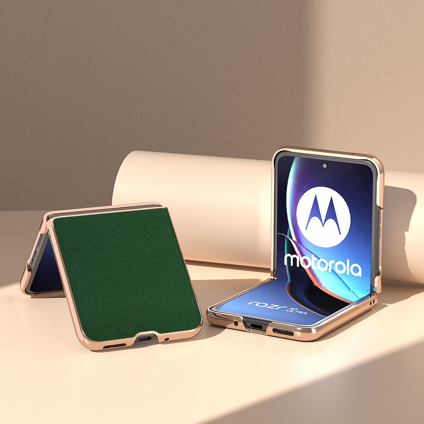 Uniqkart for Motorola Razr 40 Ultra 5G Litchi Texture Back Cover Genuine Cow Leather + PC Nano Electroplating Phone Case - Green