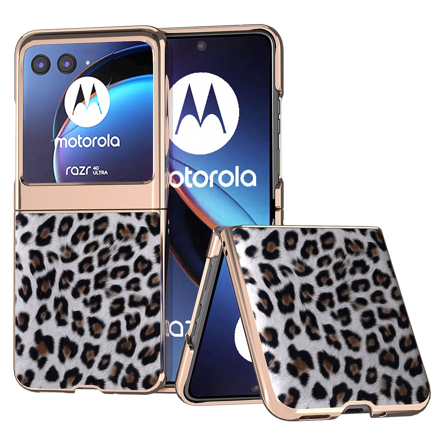 Uniqkart for Motorola Razr 40 Ultra 5G PU Leather + Hard PC Phone Case Nano Electroplating Leopard Pattern Cover - Silver