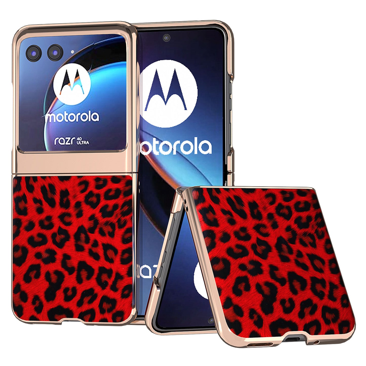 Uniqkart for Motorola Razr 40 Ultra 5G PU Leather + Hard PC Phone Case Nano Electroplating Leopard Pattern Cover - Red