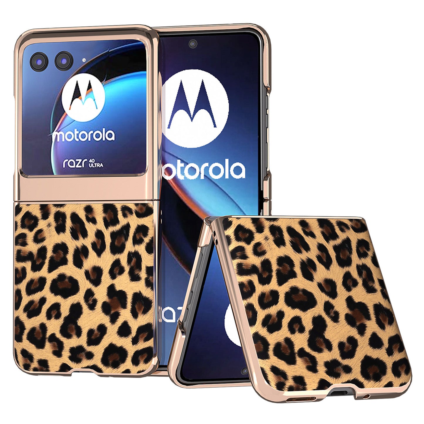 Uniqkart for Motorola Razr 40 Ultra 5G PU Leather + Hard PC Phone Case Nano Electroplating Leopard Pattern Cover - Champagne Gold