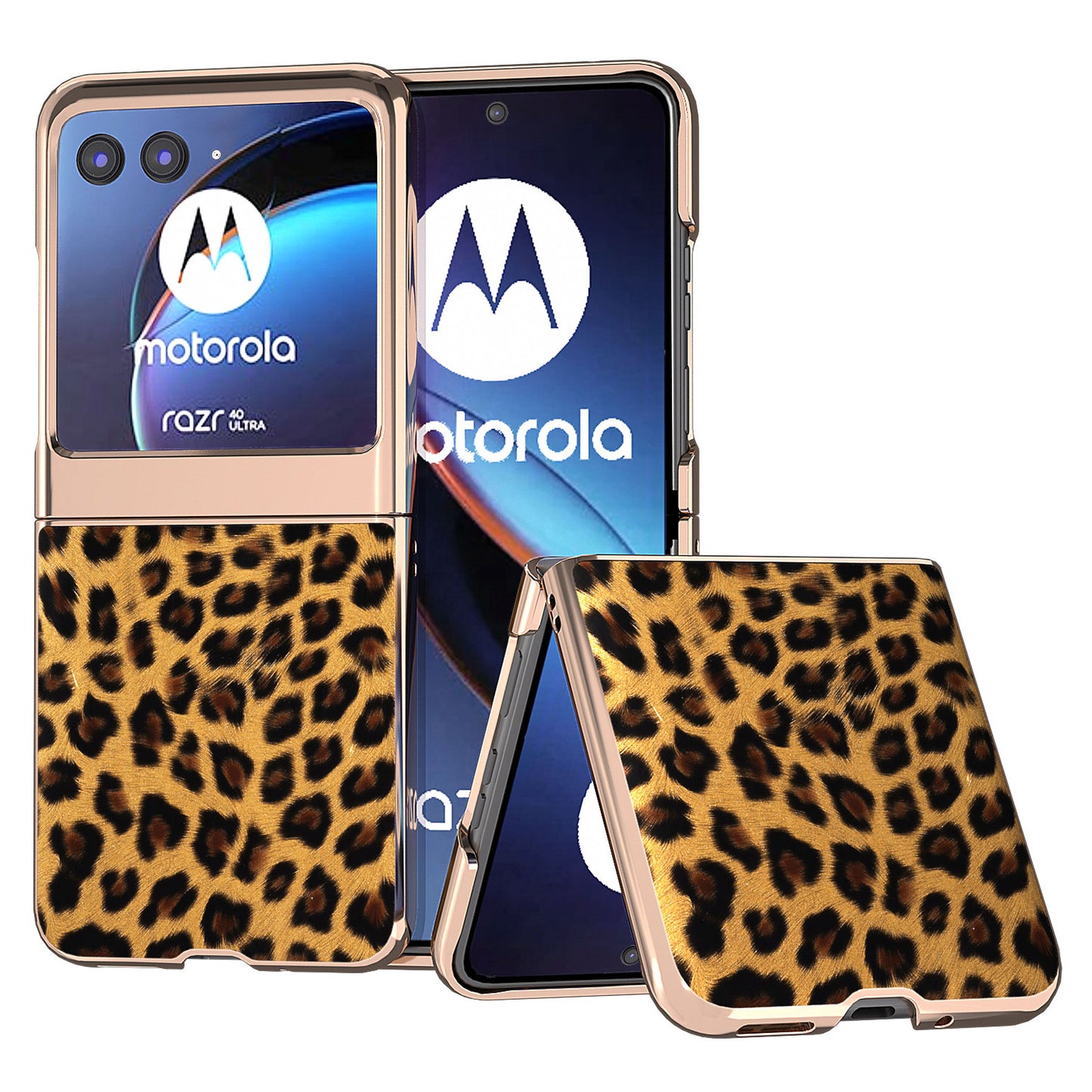 Uniqkart for Motorola Razr 40 Ultra 5G PU Leather + Hard PC Phone Case Nano Electroplating Leopard Pattern Cover - Gold