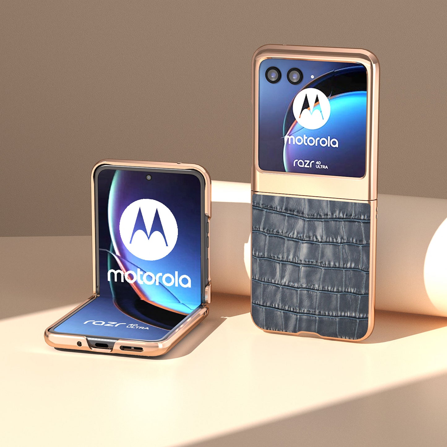 Uniqkart for Motorola Razr 40 Ultra 5G Genuine Cow Leather + PC Anti-Drop Cover Crocodile Texture Nano Electroplating Phone Case - Blue