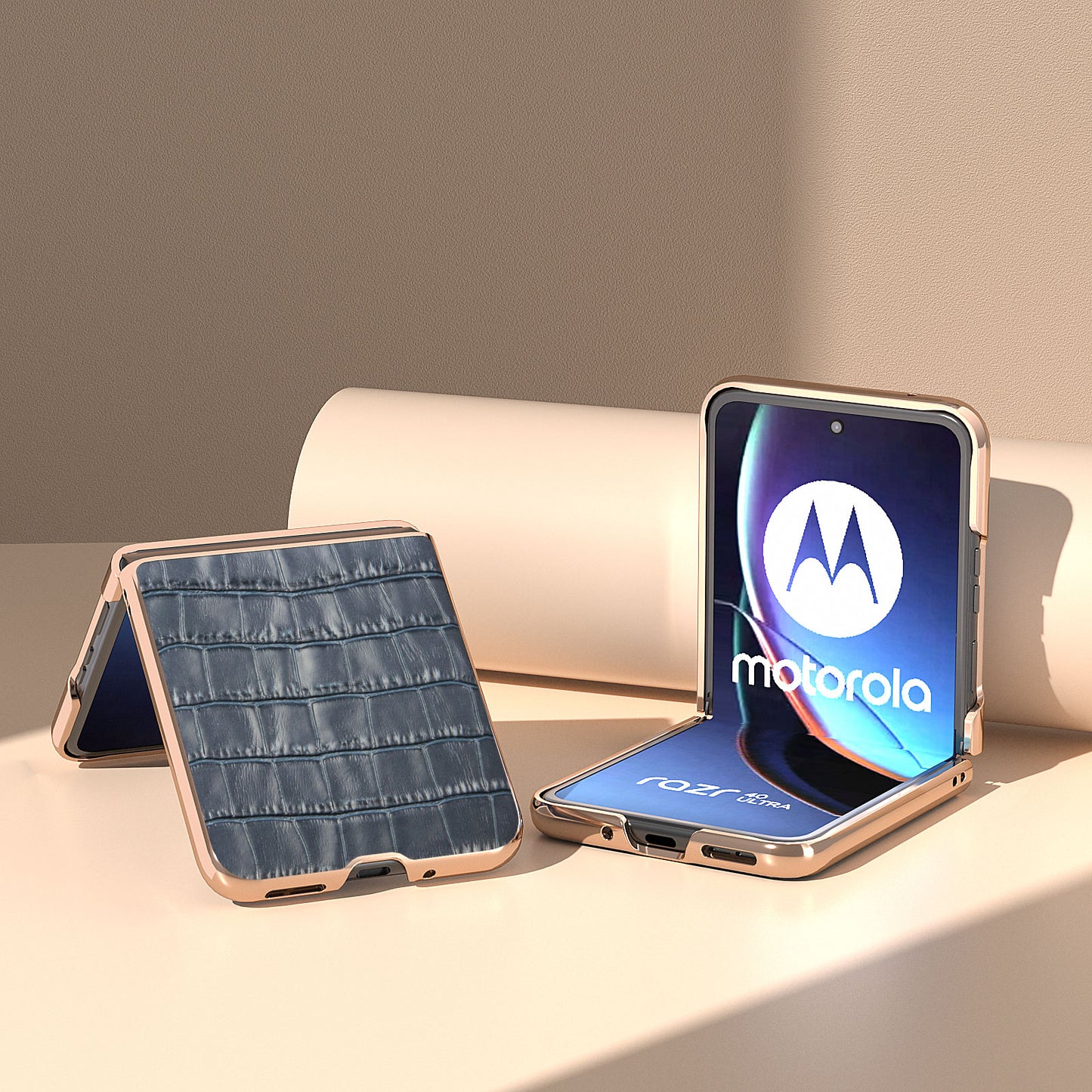 Uniqkart for Motorola Razr 40 Ultra 5G Genuine Cow Leather + PC Anti-Drop Cover Crocodile Texture Nano Electroplating Phone Case - Blue