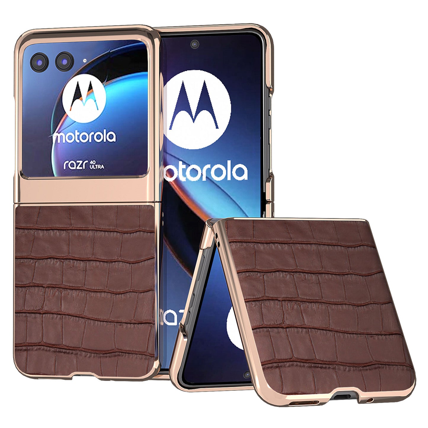 Uniqkart for Motorola Razr 40 Ultra 5G Genuine Cow Leather + PC Anti-Drop Cover Crocodile Texture Nano Electroplating Phone Case - Coffee