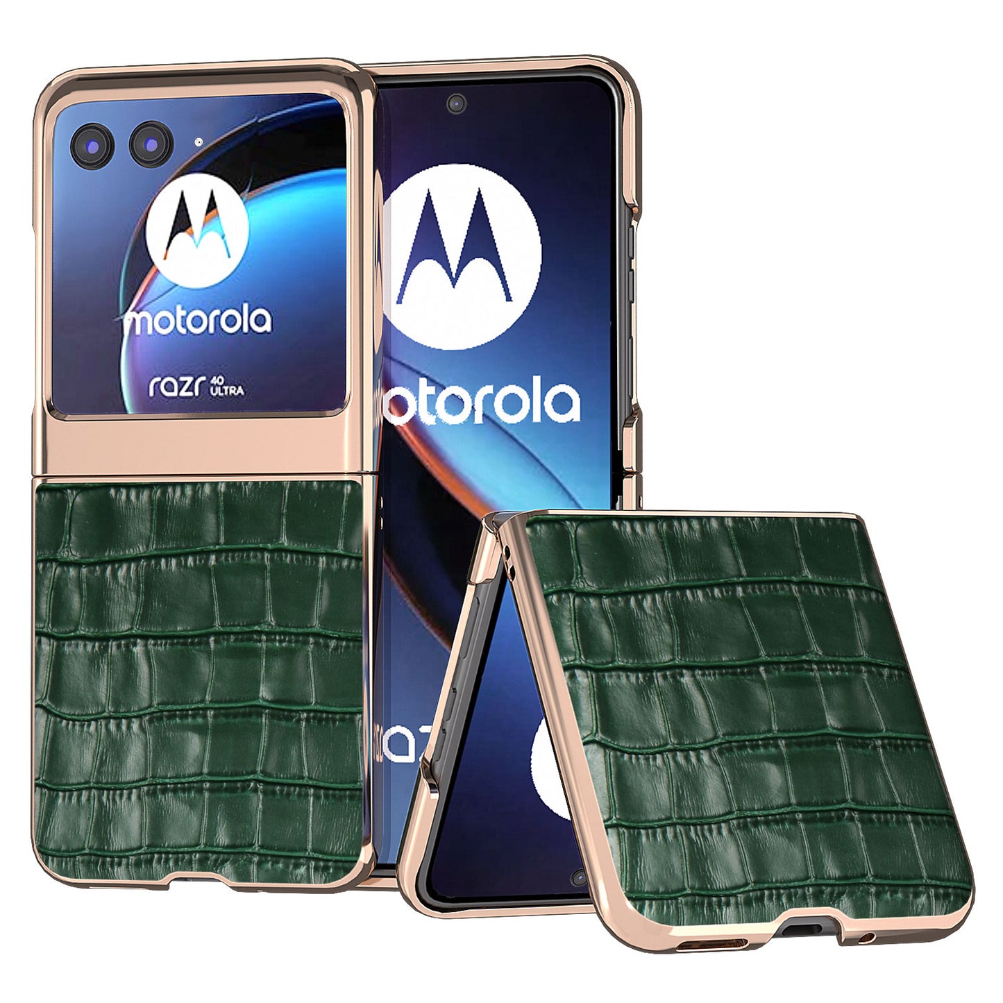 Uniqkart for Motorola Razr 40 Ultra 5G Genuine Cow Leather + PC Anti-Drop Cover Crocodile Texture Nano Electroplating Phone Case - Green