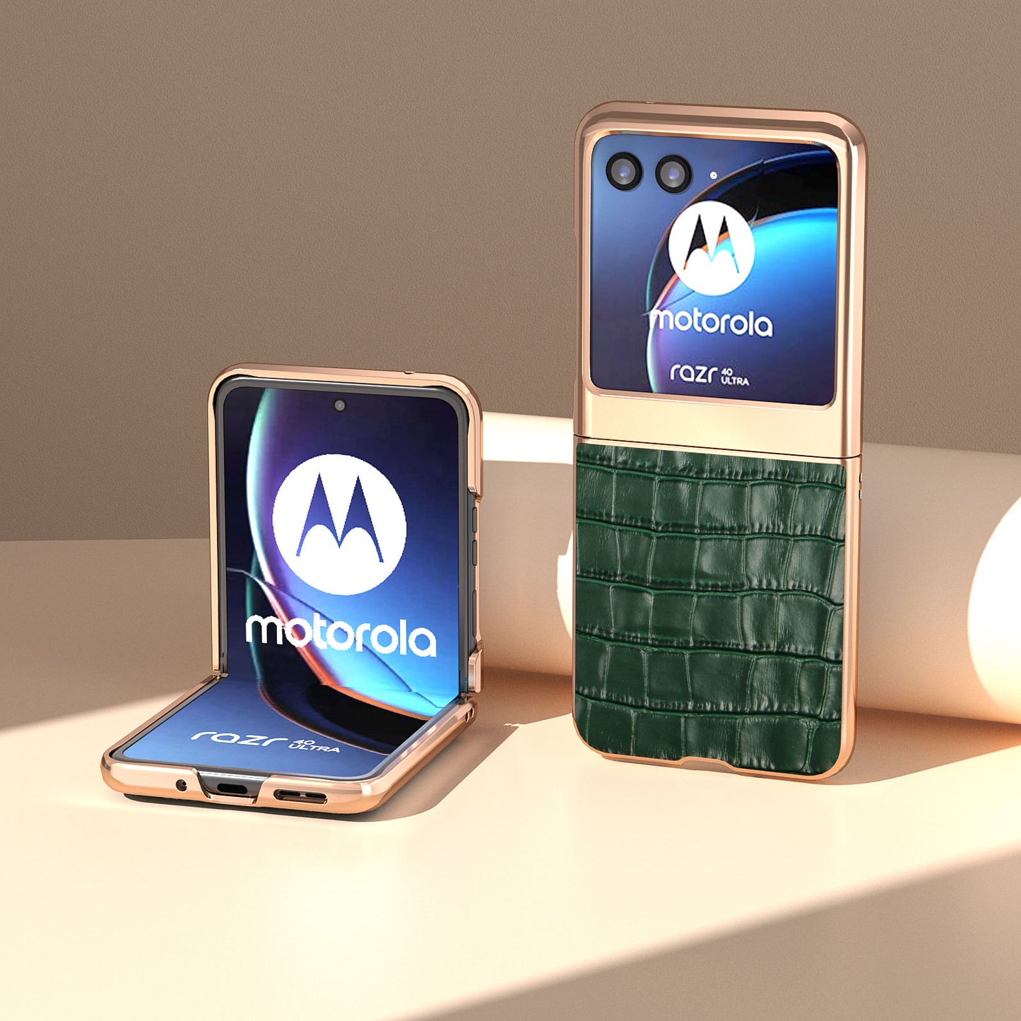 Uniqkart for Motorola Razr 40 Ultra 5G Genuine Cow Leather + PC Anti-Drop Cover Crocodile Texture Nano Electroplating Phone Case - Green