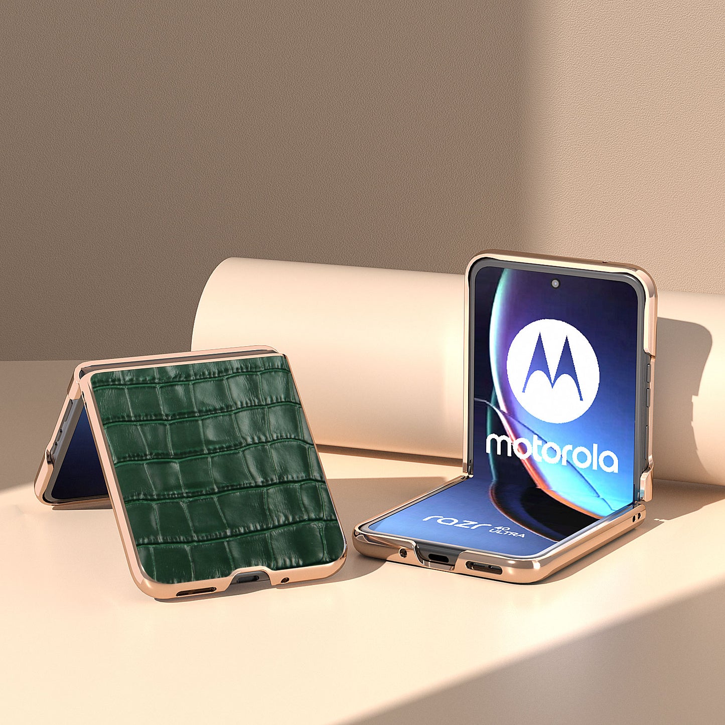 Uniqkart for Motorola Razr 40 Ultra 5G Genuine Cow Leather + PC Anti-Drop Cover Crocodile Texture Nano Electroplating Phone Case - Green