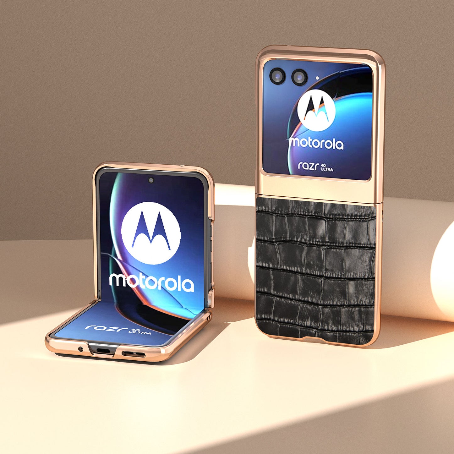 Uniqkart for Motorola Razr 40 Ultra 5G Genuine Cow Leather + PC Anti-Drop Cover Crocodile Texture Nano Electroplating Phone Case - Black