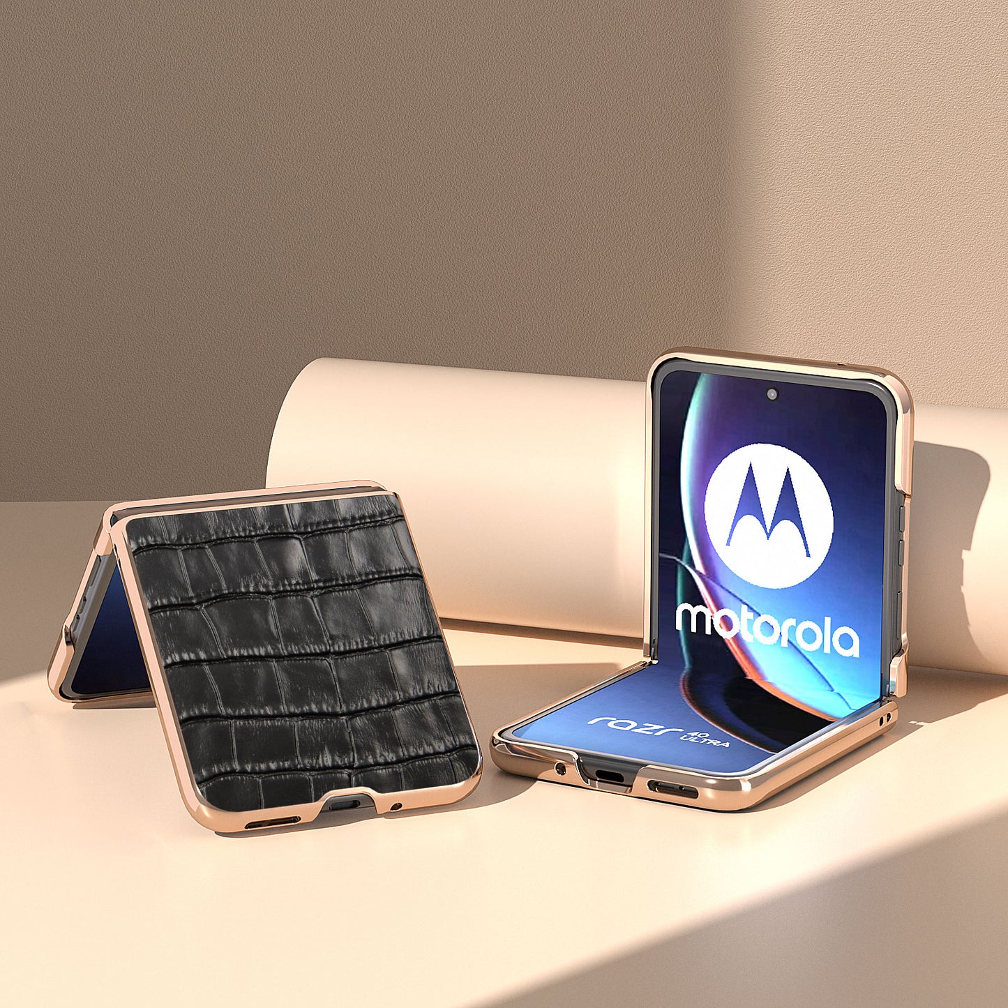 Uniqkart for Motorola Razr 40 Ultra 5G Genuine Cow Leather + PC Anti-Drop Cover Crocodile Texture Nano Electroplating Phone Case - Black