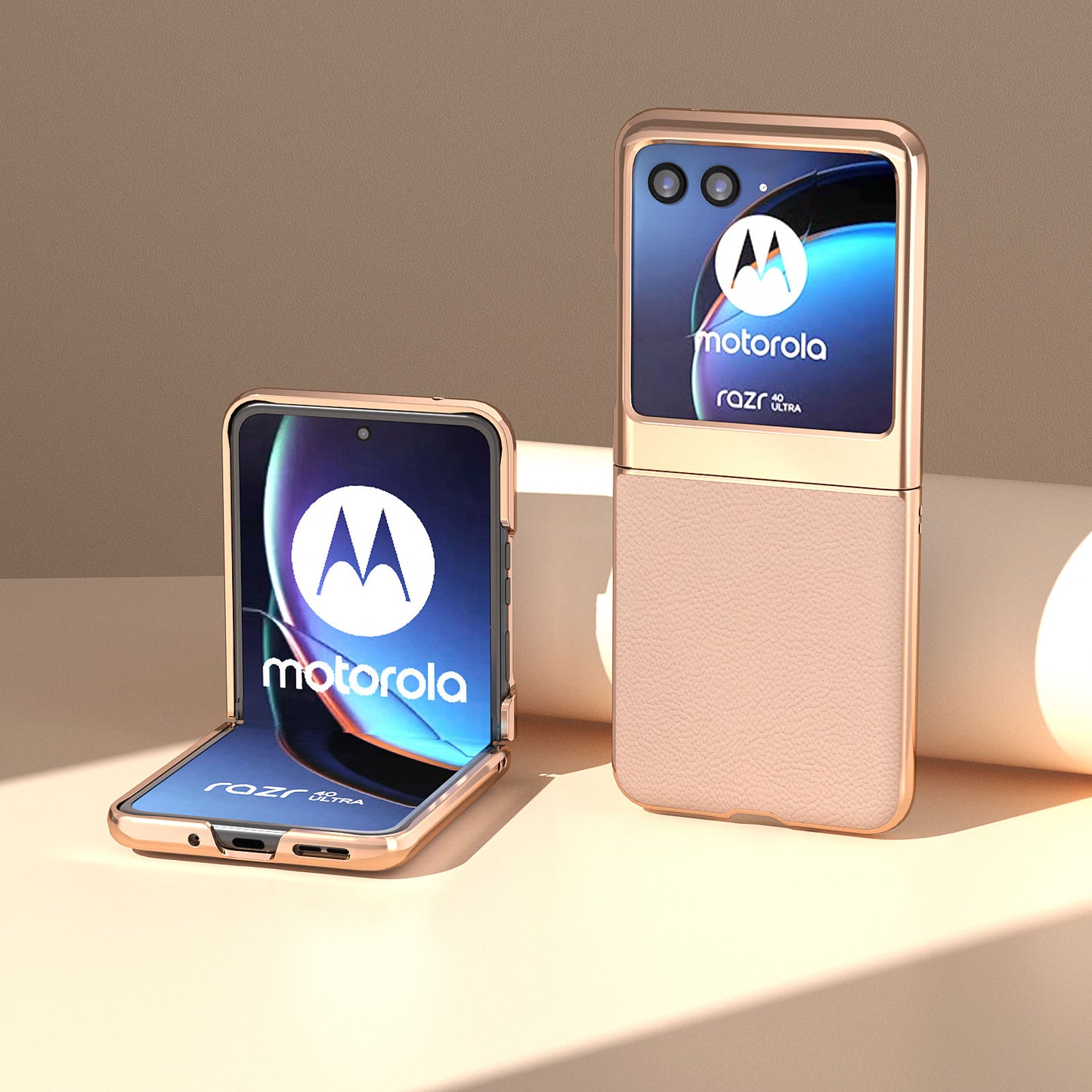 for Motorola Razr 40 Ultra 5G Genuine Cow Leather + PC Litchi Texture Case Nano Electroplating Phone Cover - Rose Gold