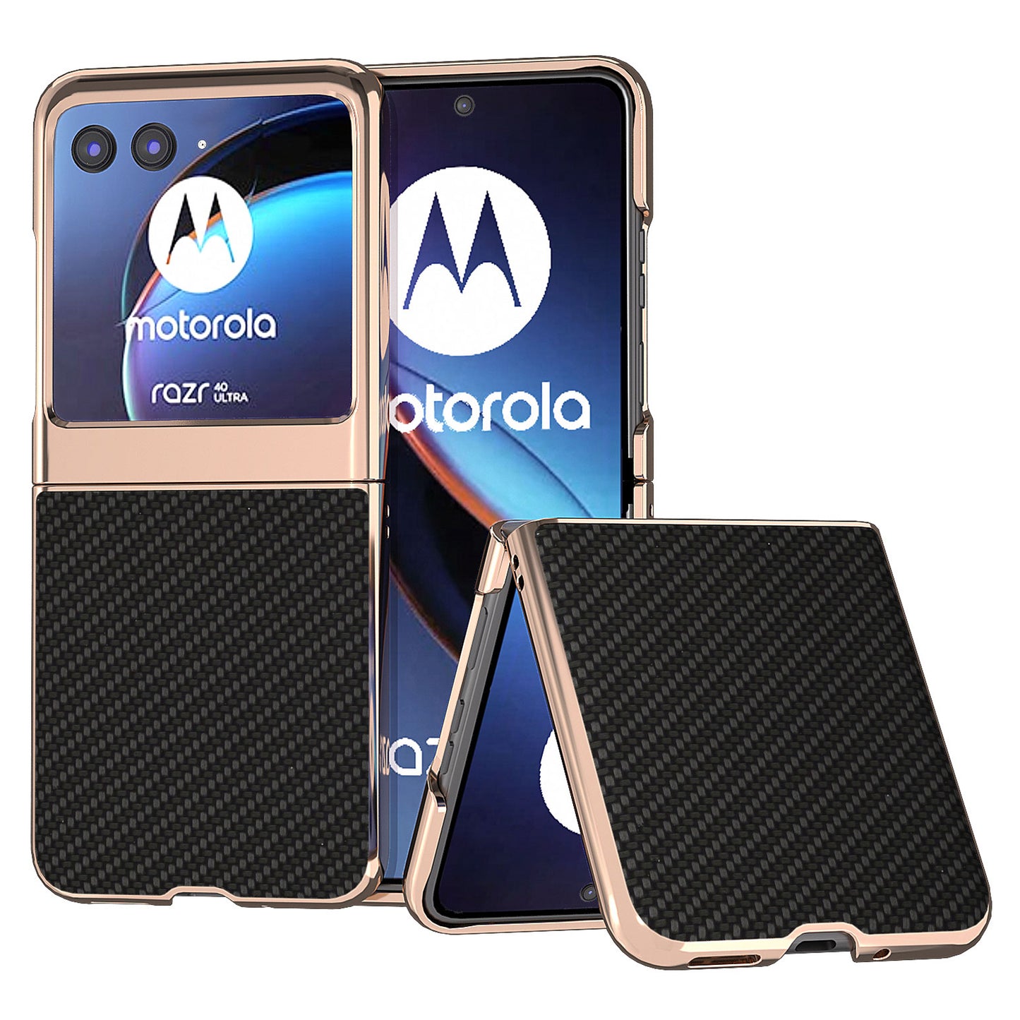 Uniqkart for Motorola Razr 40 Ultra 5G PU Leather + PC Electroplating Case Carbon Fiber Texture Phone Cover - Black
