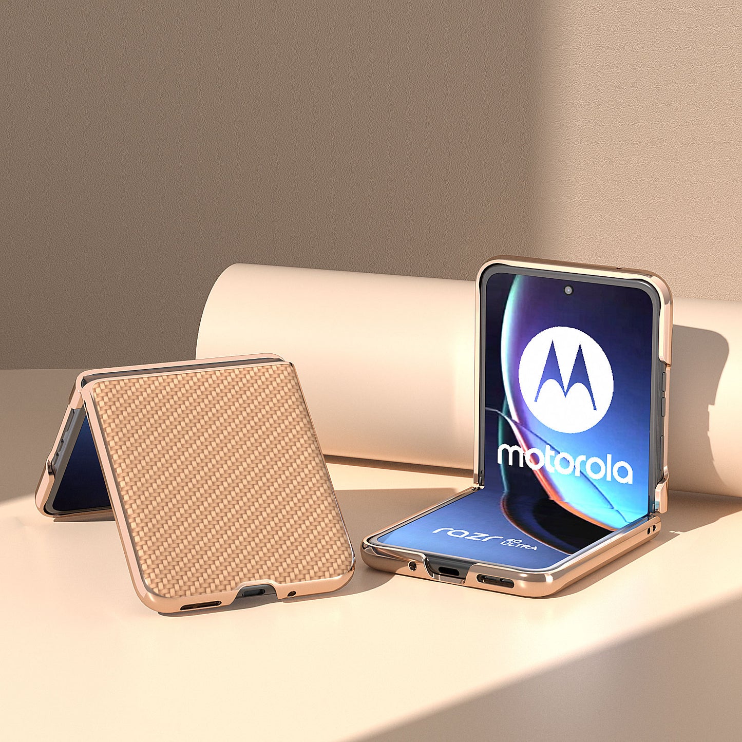 for Motorola Razr 40 Ultra 5G PU Leather + PC Electroplating Case Carbon Fiber Texture Phone Cover - Light Yellow