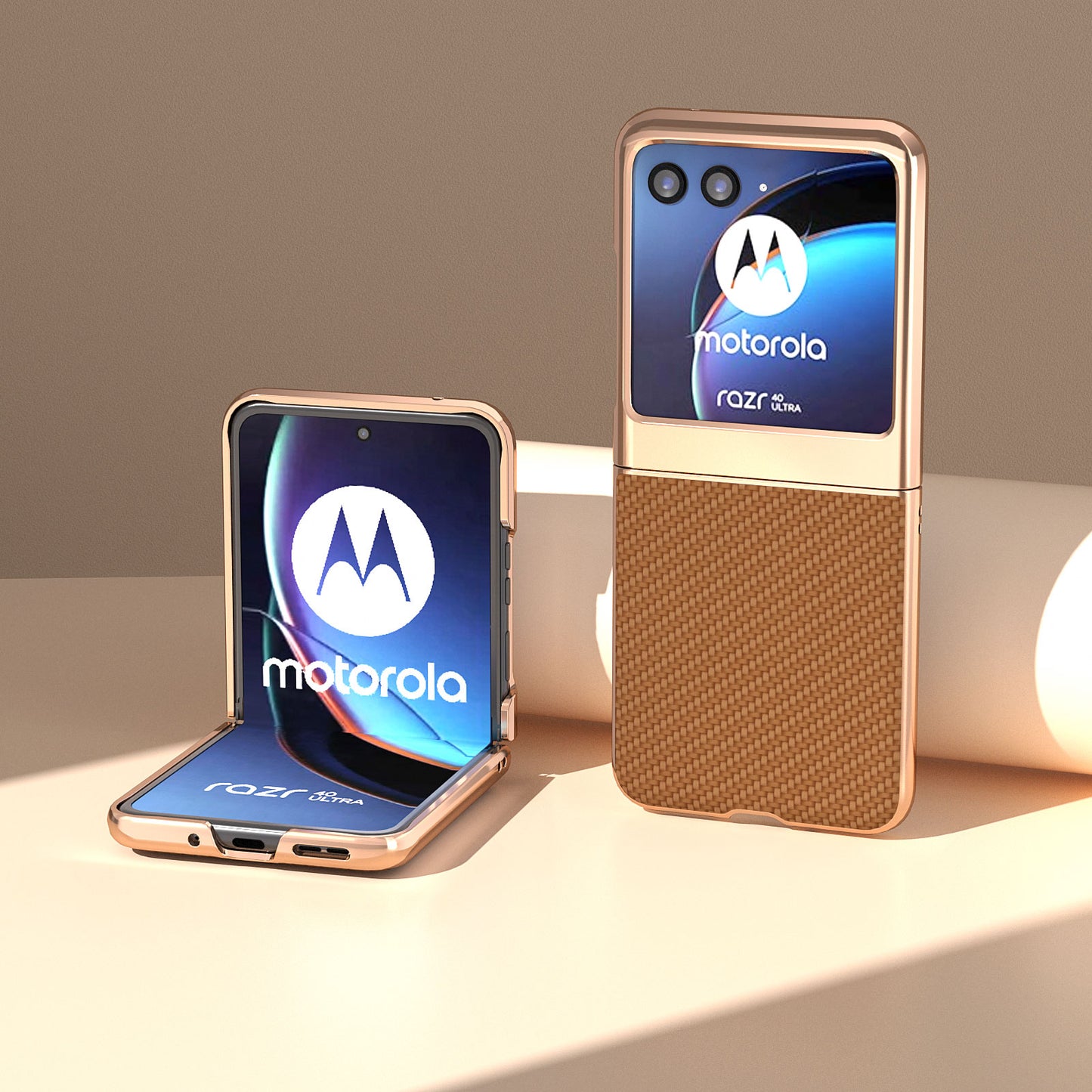 for Motorola Razr 40 Ultra 5G PU Leather + PC Electroplating Case Carbon Fiber Texture Phone Cover - Light Brown