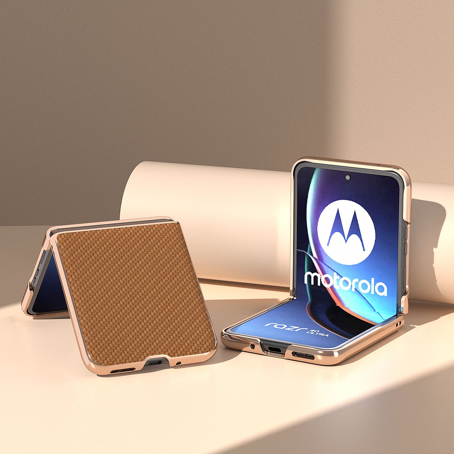 for Motorola Razr 40 Ultra 5G PU Leather + PC Electroplating Case Carbon Fiber Texture Phone Cover - Light Brown