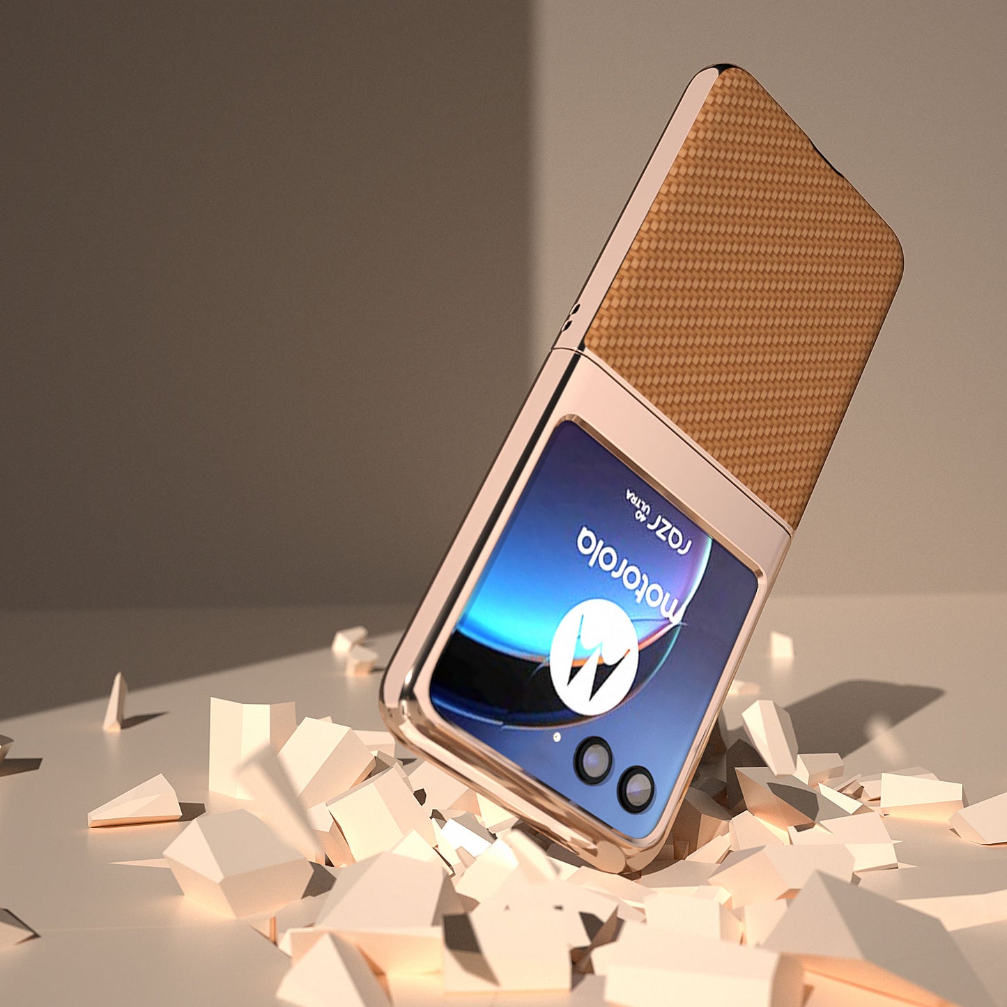 for Motorola Razr 40 Ultra 5G PU Leather + PC Electroplating Case Carbon Fiber Texture Phone Cover - Light Brown