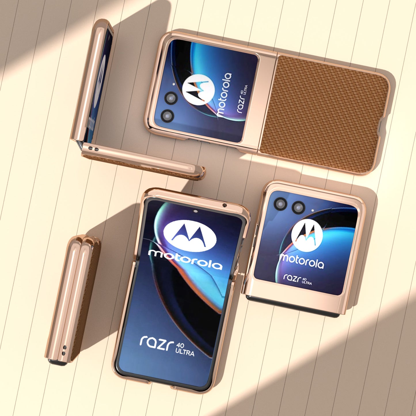 for Motorola Razr 40 Ultra 5G PU Leather + PC Electroplating Case Carbon Fiber Texture Phone Cover - Light Brown