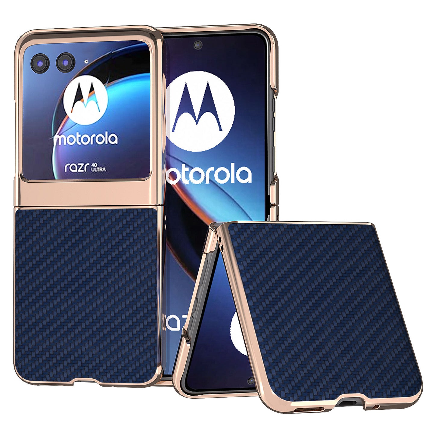 Uniqkart for Motorola Razr 40 Ultra 5G PU Leather + PC Electroplating Case Carbon Fiber Texture Phone Cover - Blue