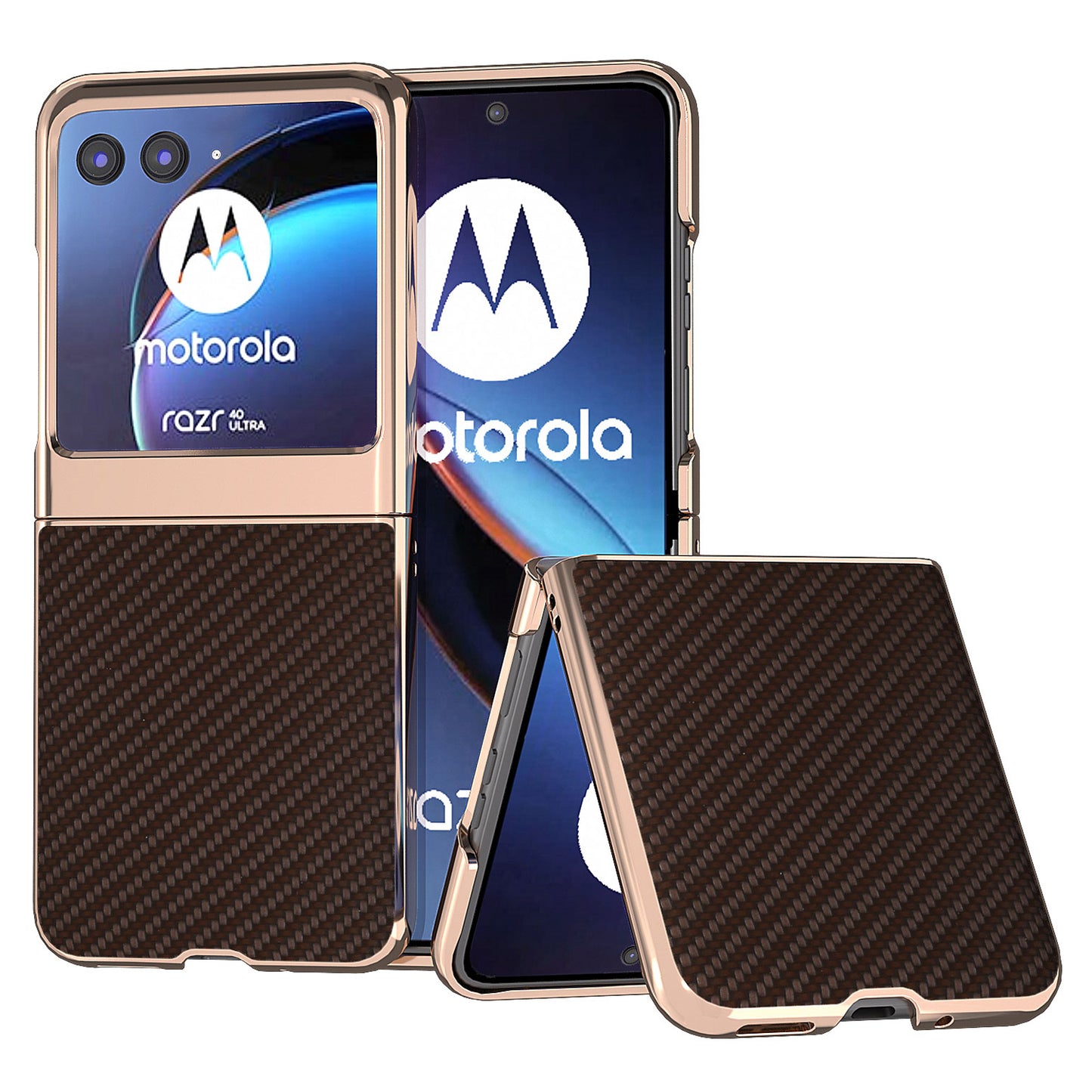 Uniqkart for Motorola Razr 40 Ultra 5G PU Leather + PC Electroplating Case Carbon Fiber Texture Phone Cover - Brown