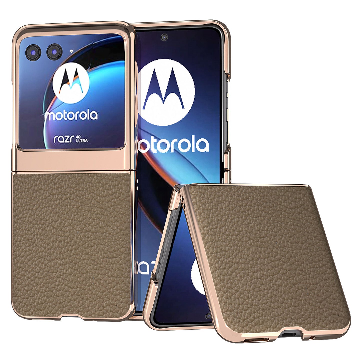 Uniqkart for Motorola Razr 40 Ultra 5G Genuine Cow Leather Coated PC Phone Shell Electroplating Litchi Texture Shockproof Cover - Khaki