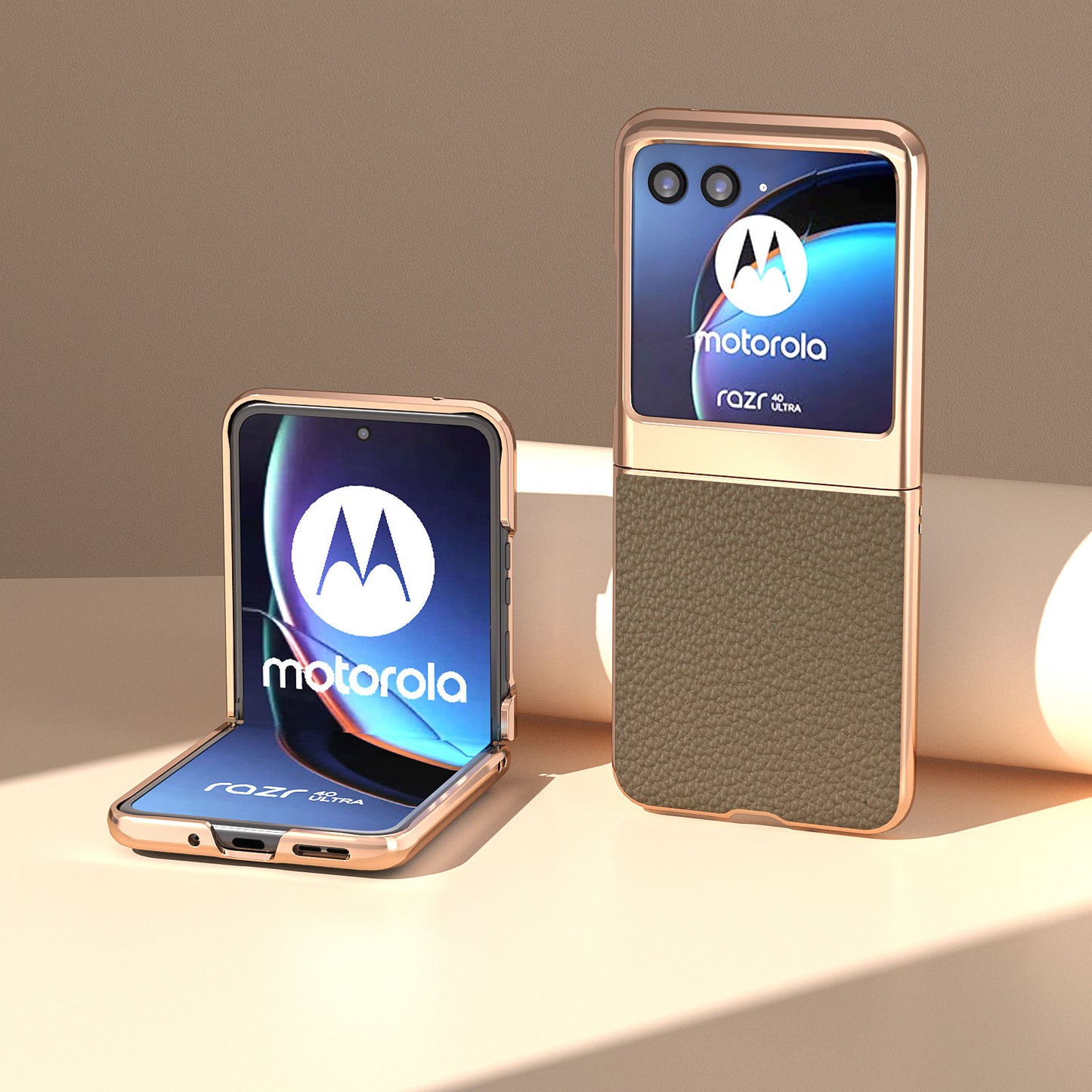 Uniqkart for Motorola Razr 40 Ultra 5G Genuine Cow Leather Coated PC Phone Shell Electroplating Litchi Texture Shockproof Cover - Khaki