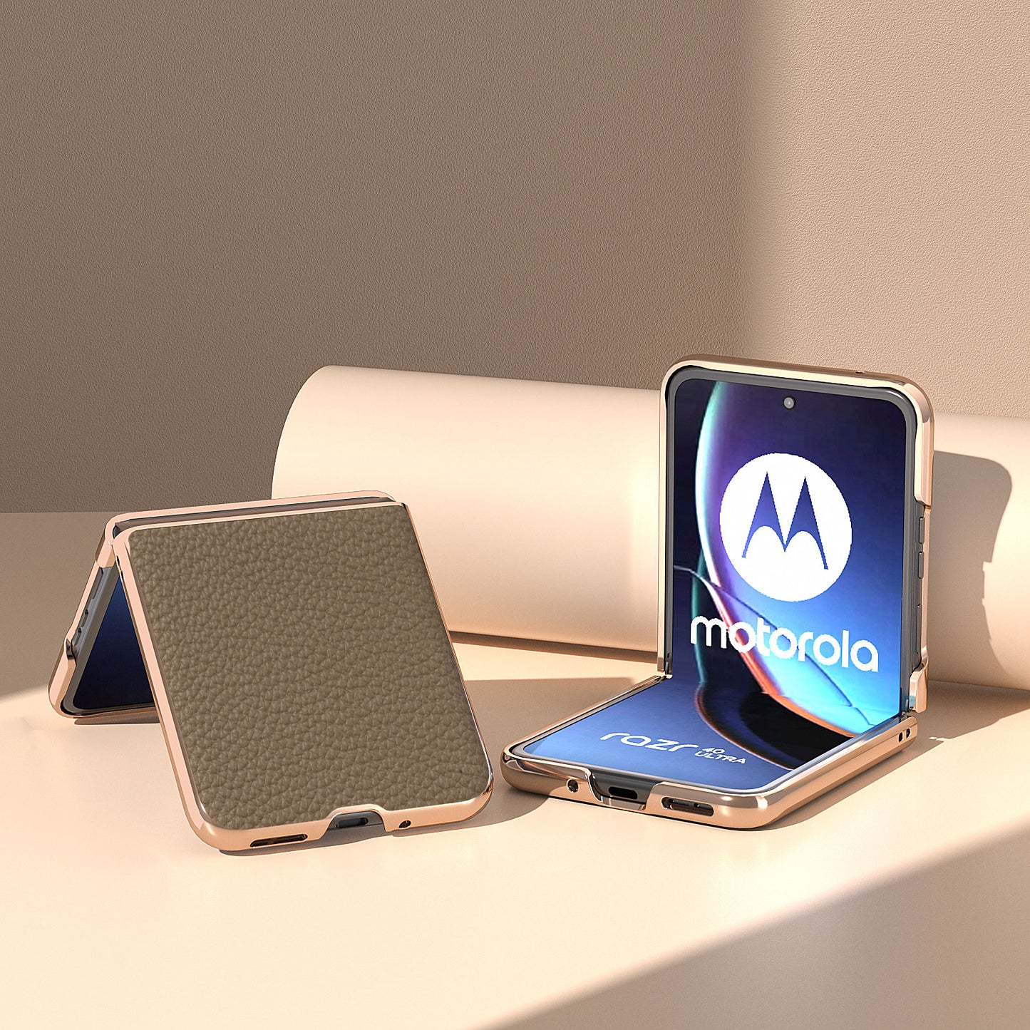 Uniqkart for Motorola Razr 40 Ultra 5G Genuine Cow Leather Coated PC Phone Shell Electroplating Litchi Texture Shockproof Cover - Khaki