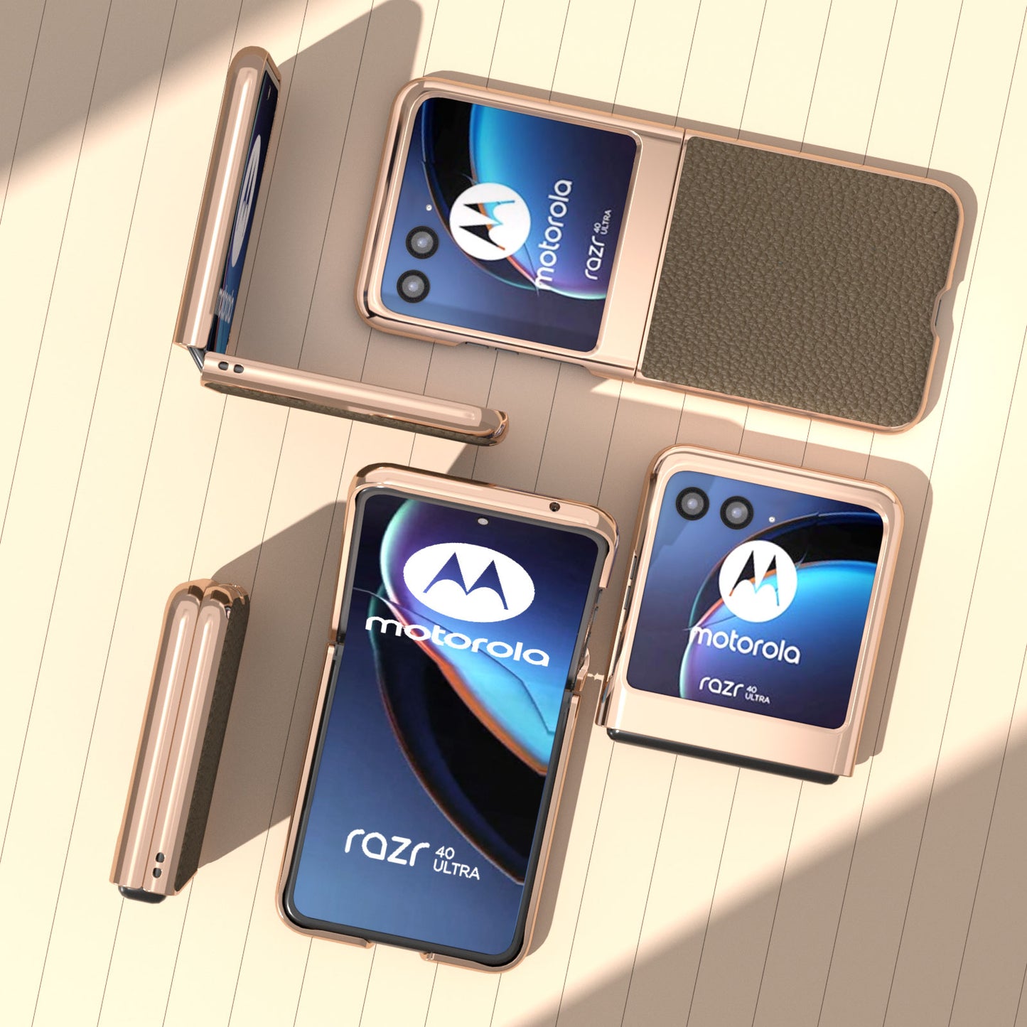 Uniqkart for Motorola Razr 40 Ultra 5G Genuine Cow Leather Coated PC Phone Shell Electroplating Litchi Texture Shockproof Cover - Khaki