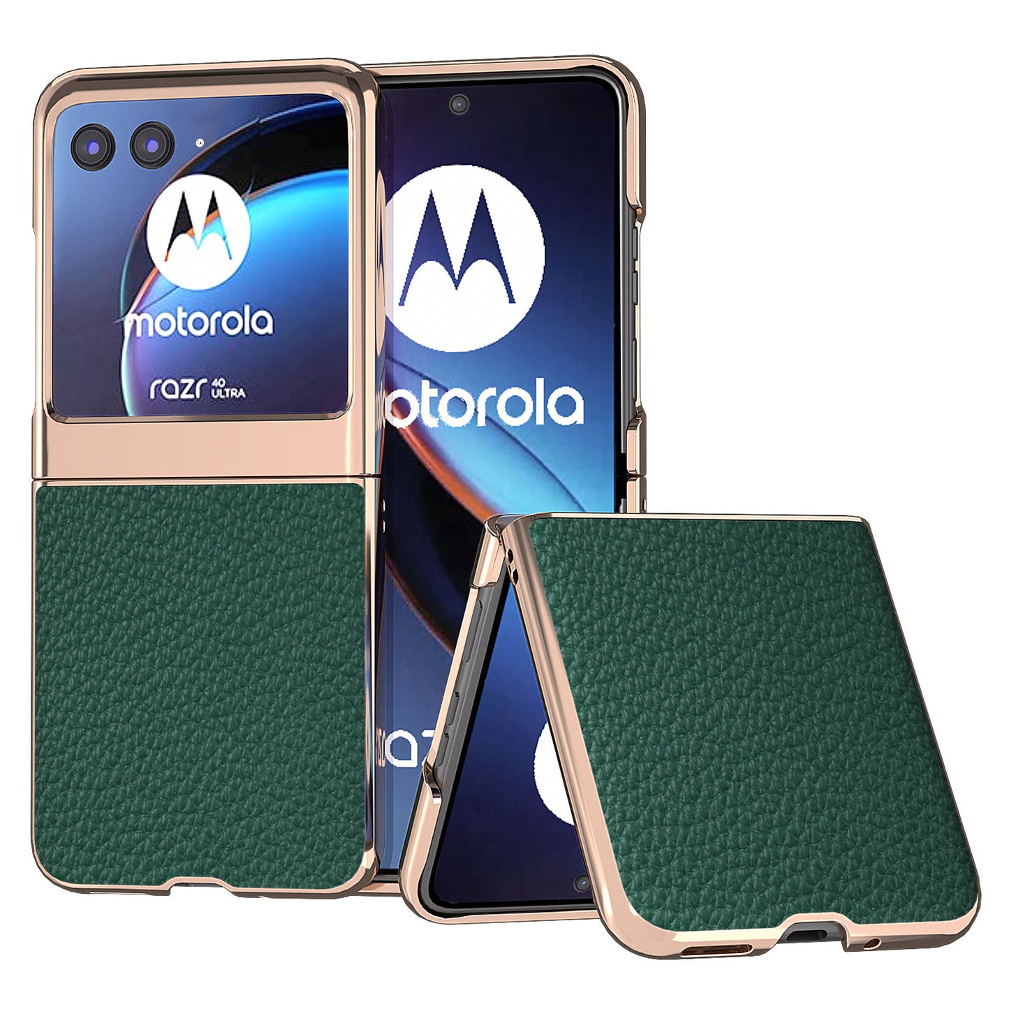 Uniqkart for Motorola Razr 40 Ultra 5G Genuine Cow Leather Coated PC Phone Shell Electroplating Litchi Texture Shockproof Cover - Green