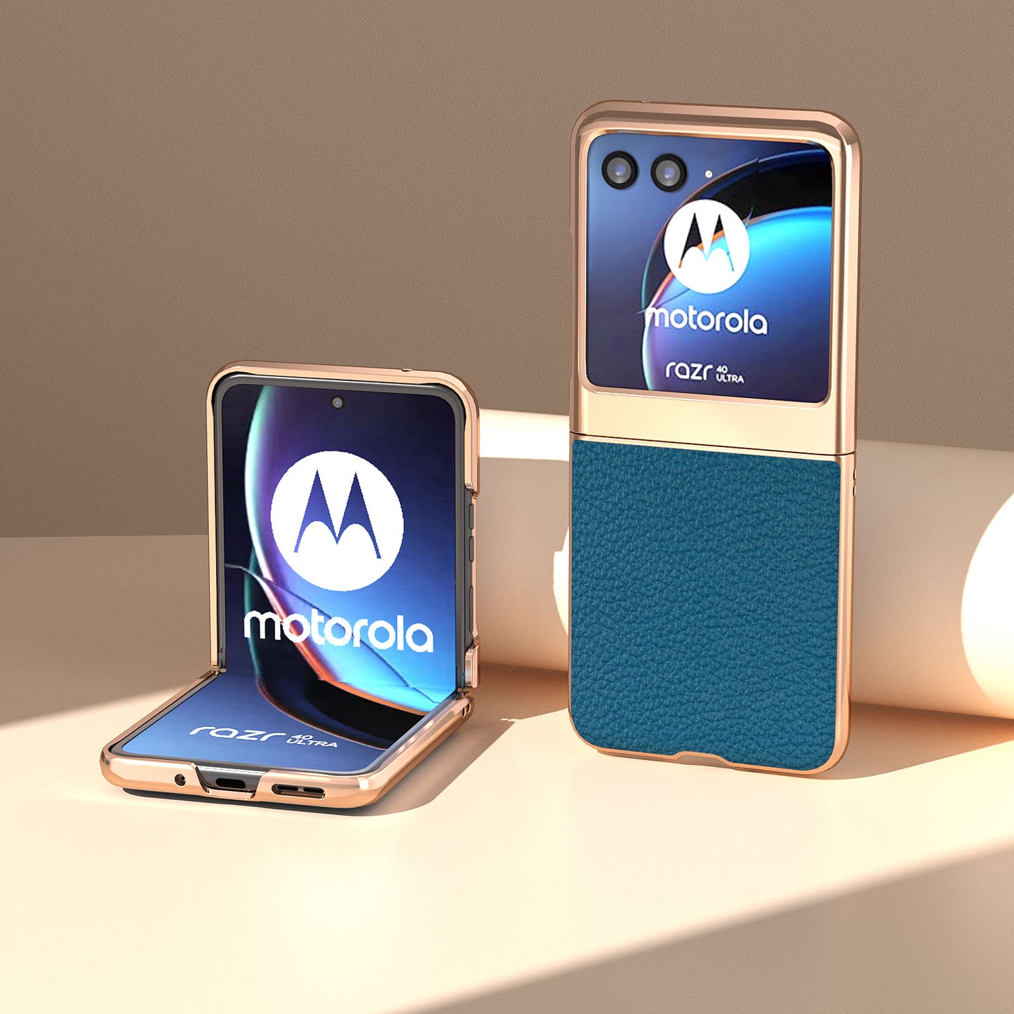 Uniqkart for Motorola Razr 40 Ultra 5G Genuine Cow Leather Coated PC Phone Shell Electroplating Litchi Texture Shockproof Cover - Blue