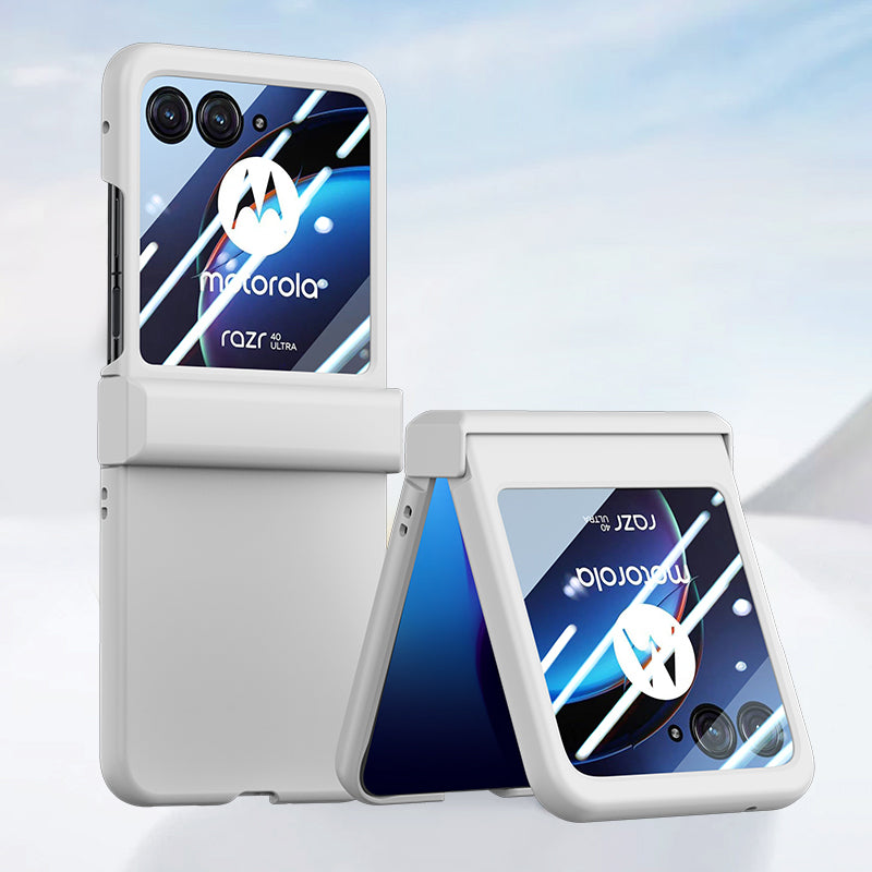 Uniqkart for Motorola Razr 40 Ultra 5G Phone Case Hinge Design PC Cover with Tempered Glass Rear Screen Protector - White