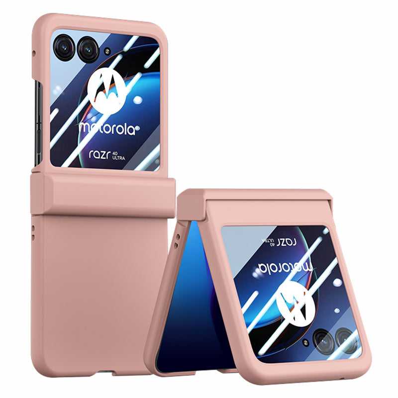 Uniqkart for Motorola Razr 40 Ultra 5G Phone Case Hinge Design PC Cover with Tempered Glass Rear Screen Protector - Pink
